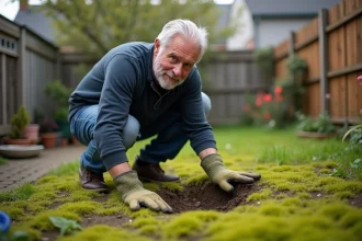Homme examinant une pelouse envahie par la mousse dans un jardin résidentiel au printemps