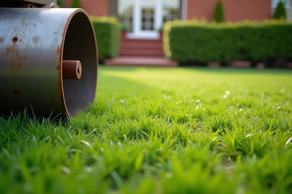 Vue au ras du sol d'une pelouse inégale avec un rouleau de jardin cylindrique au premier plan