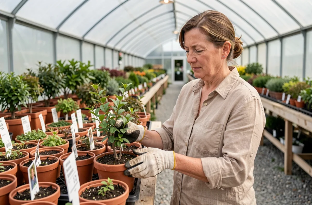 Une femme choisit des plantes en pot dans une pépinière professionnelle avec des rangées de végétaux