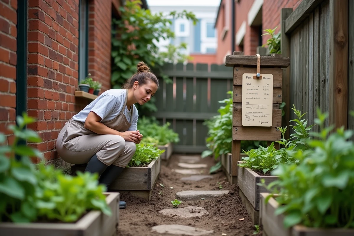 Femme jardinière inspectant ses plants dans un petit jardin communautaire de quartier avec des bacs en bois et un panneau de taille des parcelles