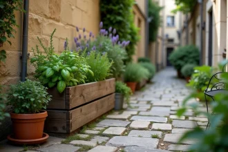 Petit jardin de cour intérieure parisienne avec herbes aromatiques et mobilier de jardin en fer forgé
