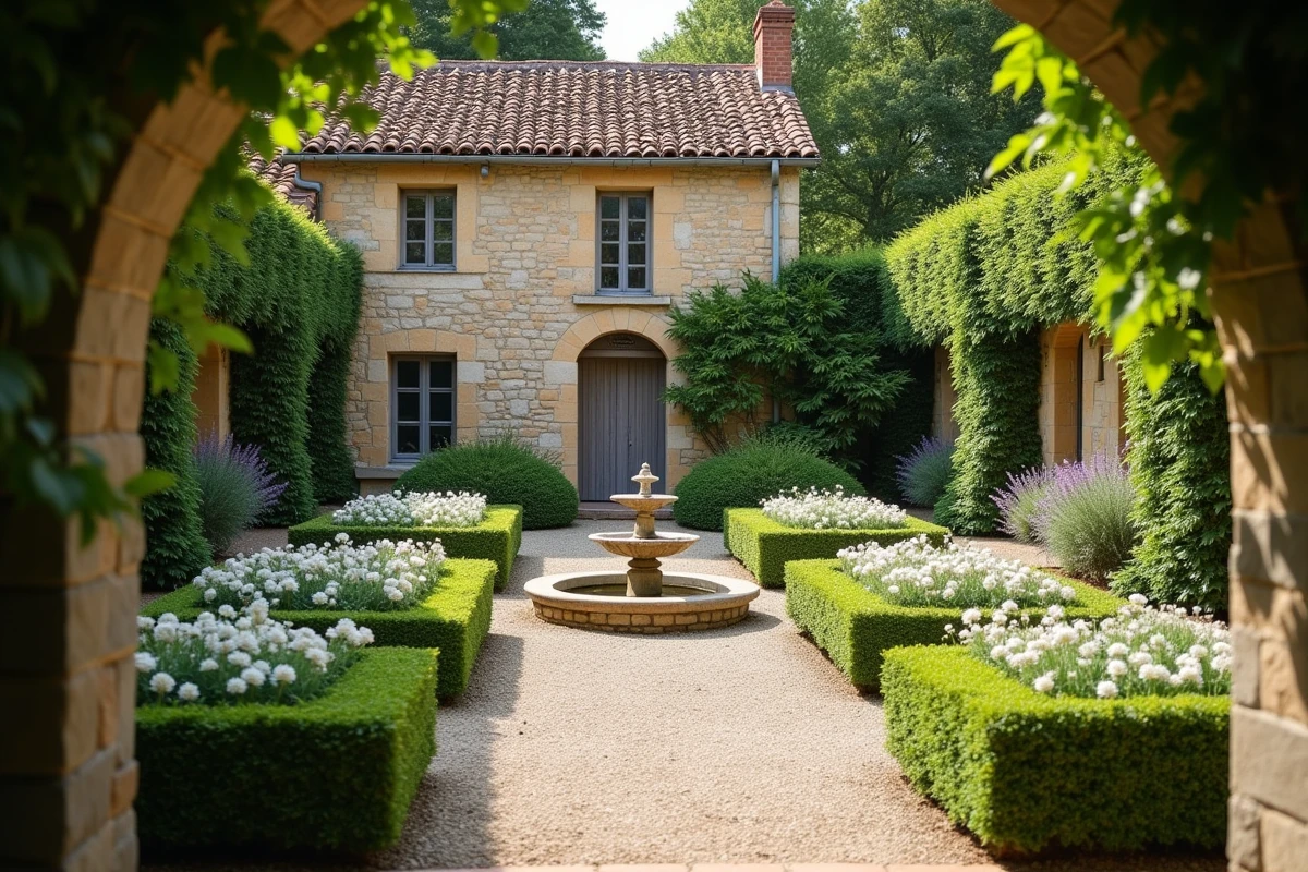 Petit jardin à la française avec fontaine en pierre, buis taillé et parterre de fleurs dans une cour de village