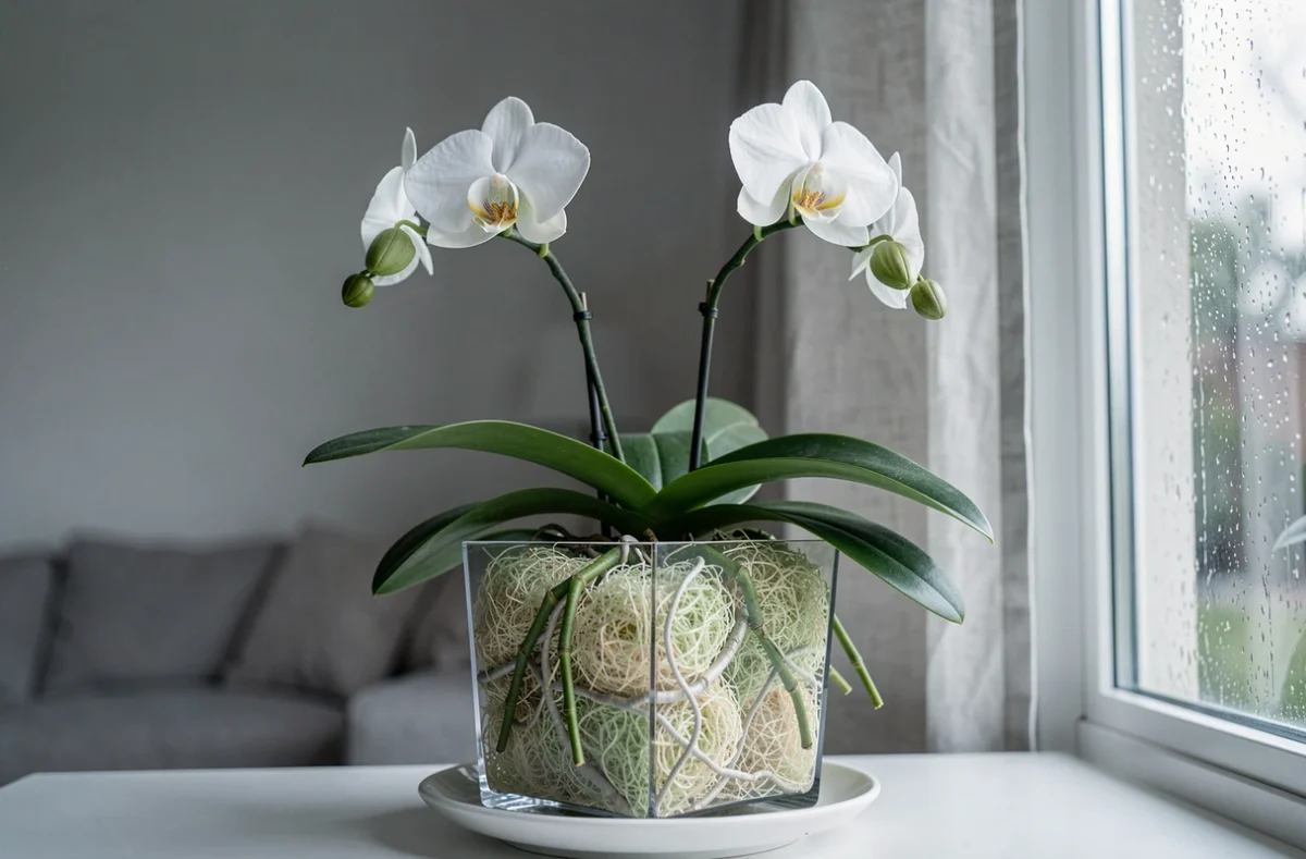 Phalaenopsis rempotée dans un pot transparent rempli de sphaigne, posée sur une soucoupe blanche près d'une fenêtre