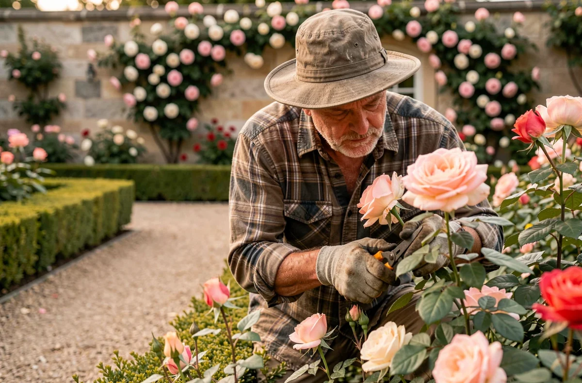Un jardinier expérimenté taille avec précision un massif de rosiers dans un jardin à la française