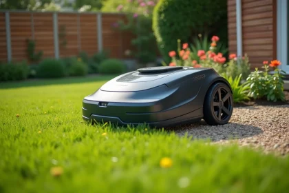 Robot tondeuse installé sur sa station de recharge dans un jardin suburban bien entretenu avec pelouse verte et bordures fleuries