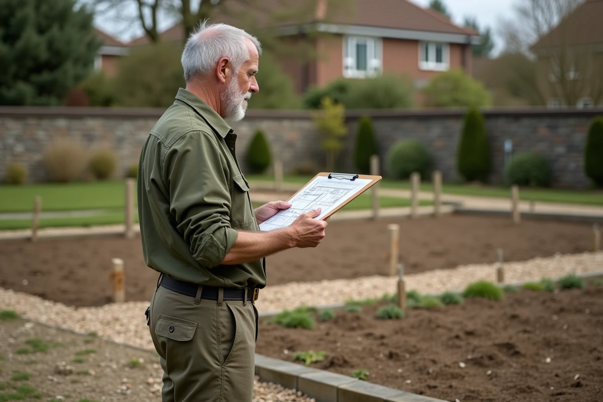 Homme consultant un plan de jardin sur pince-notes devant une parcelle de terre aménagée avec des piquets et de la ficelle