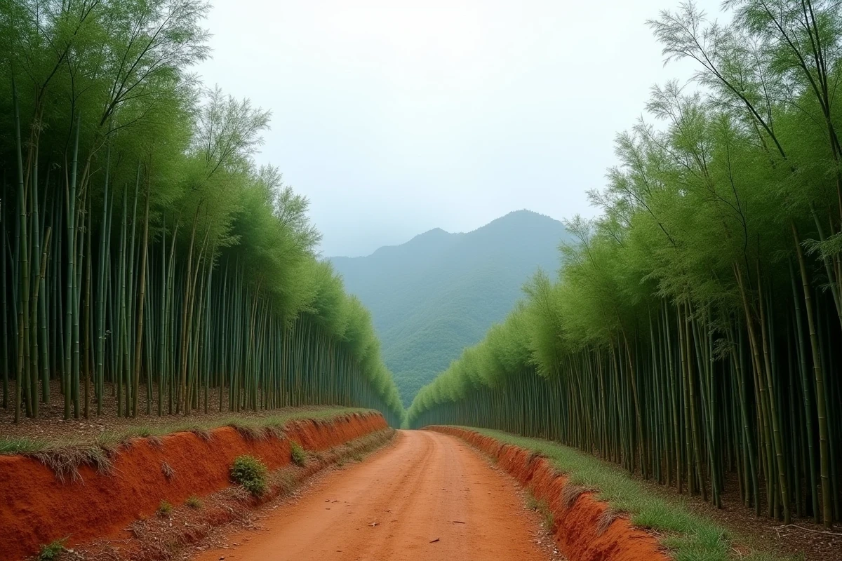 Plantation de bambou Moso en Chine avec rangées de tiges géantes sur une colline brumeuse