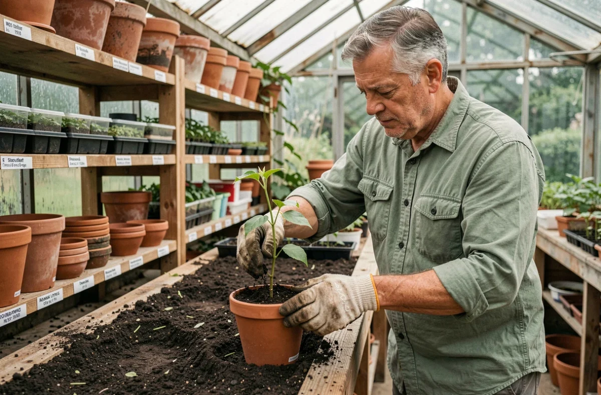 Homme qui plante une bouture de chèvrefeuille dans un pot en terre cuite rempli de terreau dans une serre