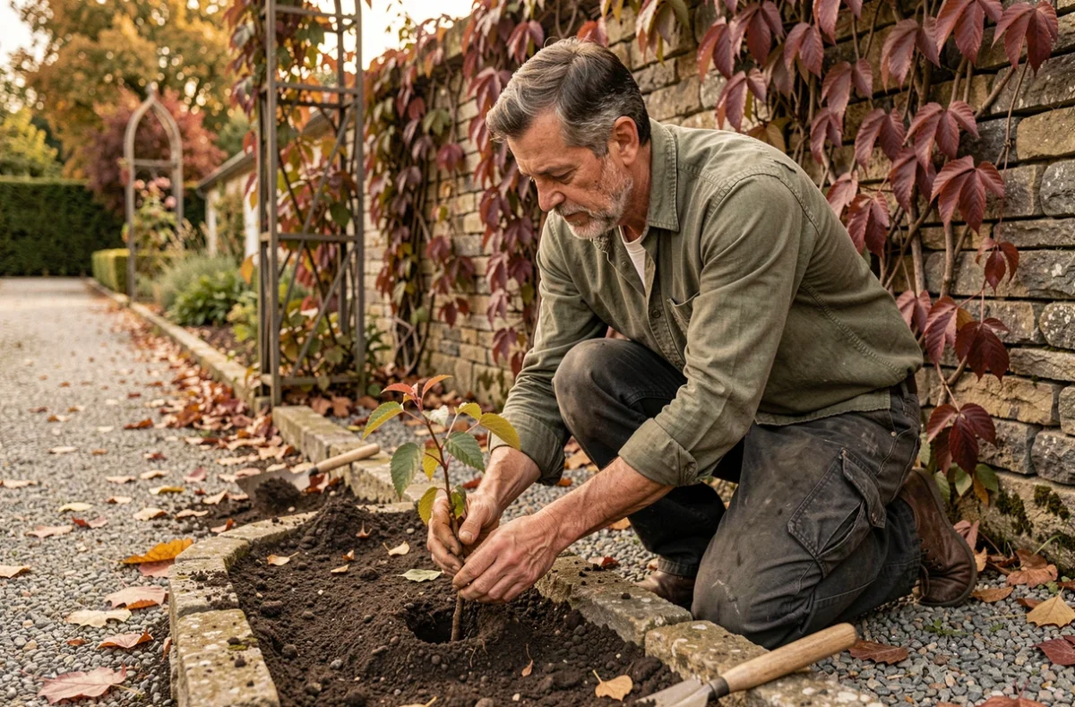 Homme plantant une bouture de vigne vierge enracinée dans un parterre de jardin en automne près d'un mur en pierre