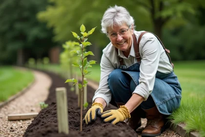Femme plantant des jeunes plants de charme pour créer une haie naturelle dans un jardin
