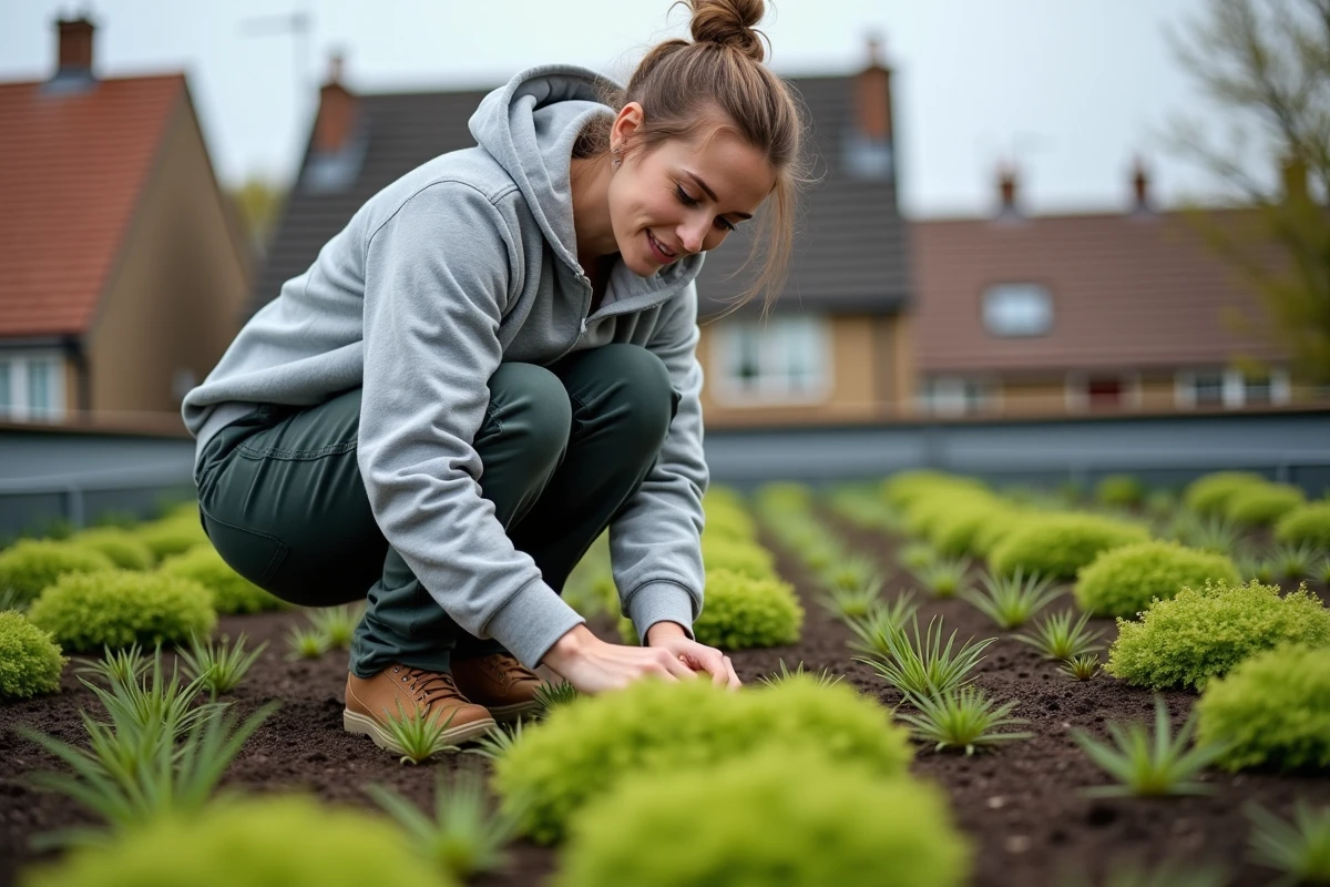 Femme plantant des sedums sur un toit végétalisé en cours d'installation sur une maison individuelle