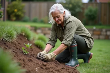 Femme en train de planter des couvre-sols sur un talus en pente douce dans un jardin résidentiel