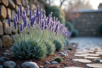 Plant de lavande résistant au gel dans un jardin de pierres en automne