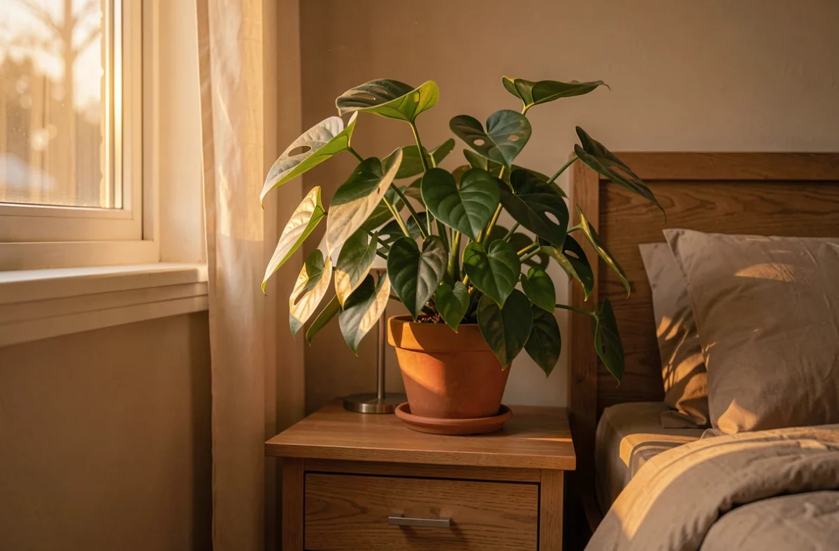 Plante verte posée dans une chambre à la lumière du soir