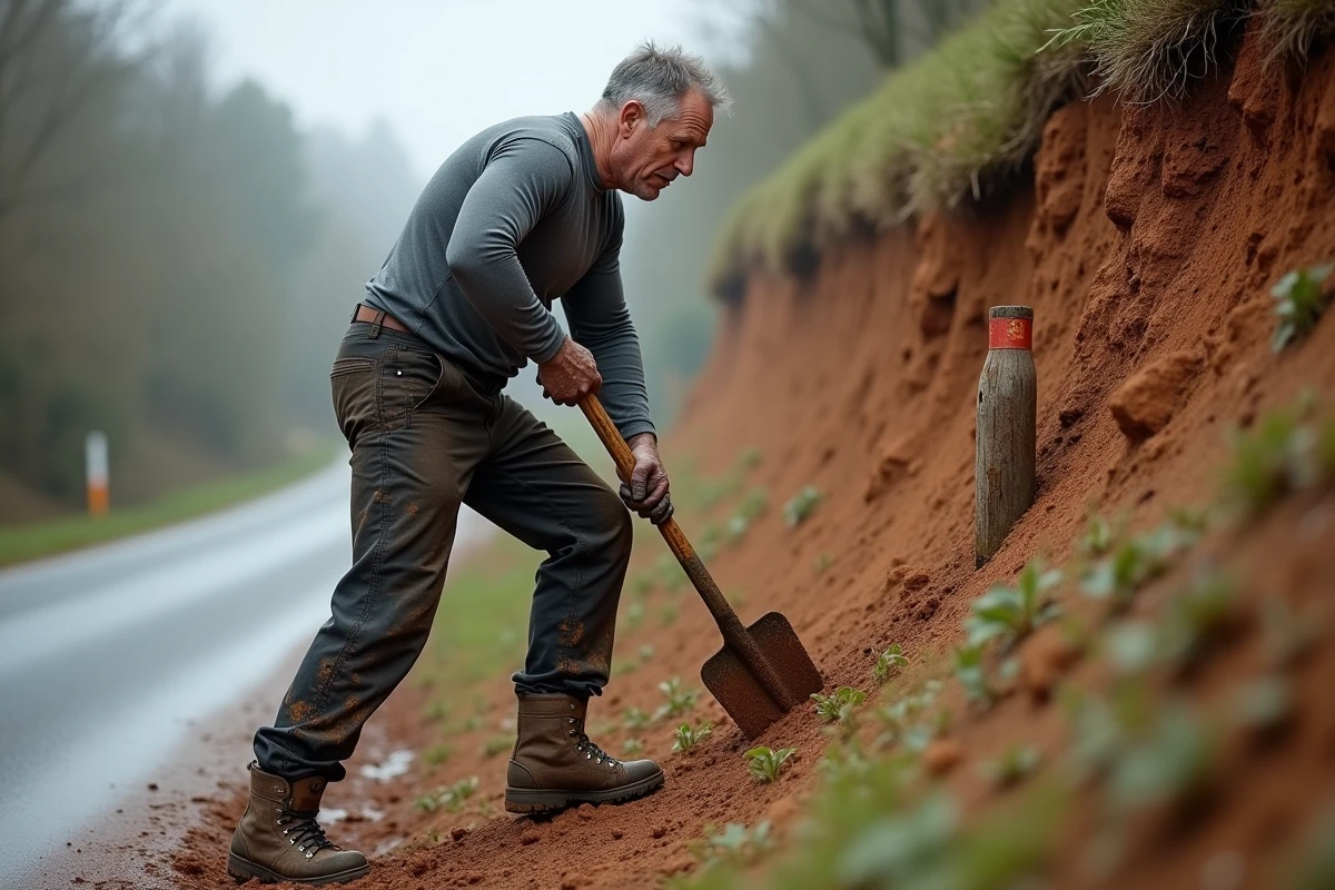 Homme plantant sur un talus à forte pente avec une bêche, technique de jardinage en terrain escarpé