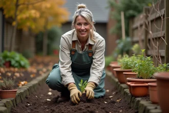 Femme jardinière plantant une vivace en automne dans un jardin avec sol humide et pots en terre cuite