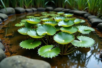 Plantes aquatiques de classe 4 dans un bassin naturel avec nénuphars et roseaux émergents