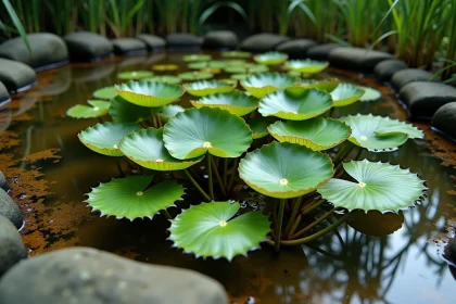 Plantes aquatiques de classe 4 dans un bassin naturel avec nénuphars et roseaux émergents