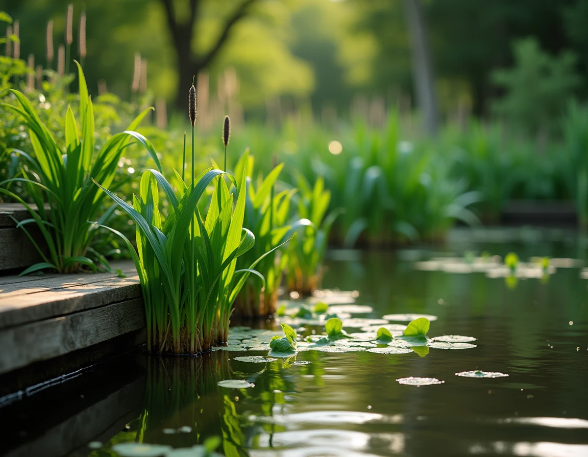 Plantes aquatiques émergentes en bordure d'un étang de jardin, iris d'eau et massettes prospérant à la jonction entre eau et terre sans se décomposer