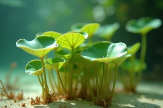 Plantes aquatiques submergées dans un étang d'eau douce claire, racines ancrées dans le substrat sableux, feuilles intactes sans pourriture visibles sous la surface