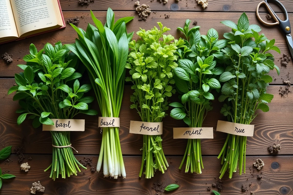 Vue de dessus d'herbes aromatiques incompatibles disposées sur une table en bois avec des étiquettes manuscrites