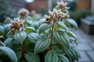 Plantes de jardin sensibles au gel avec feuilles noircies et cristaux de glace sur basilic et dahlias en hiver