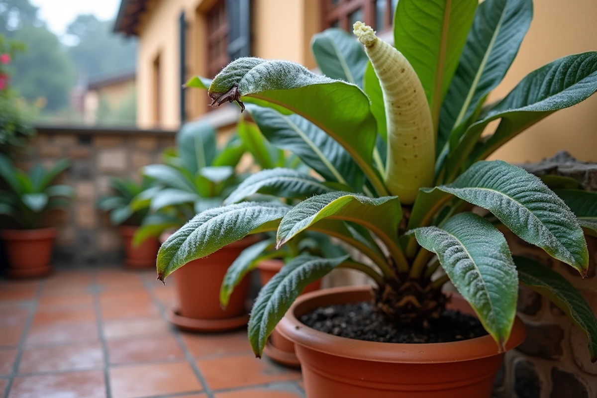 Plantes tropicales en pot abîmées par le gel sur une terrasse en automne avec feuilles translucides et tiges effondrées