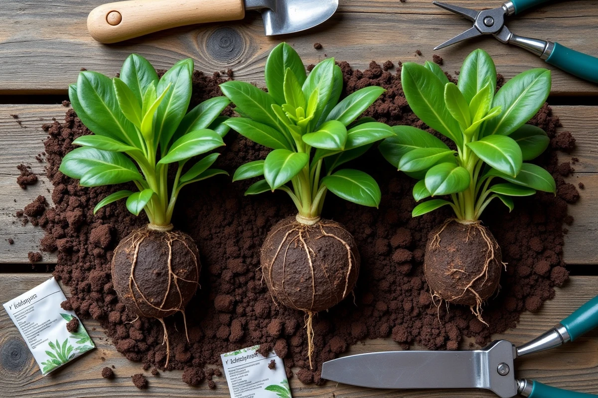 Vue de dessus de plants de vivaces avec racines exposées, truelle et terreau sur un établi de jardinage en bois