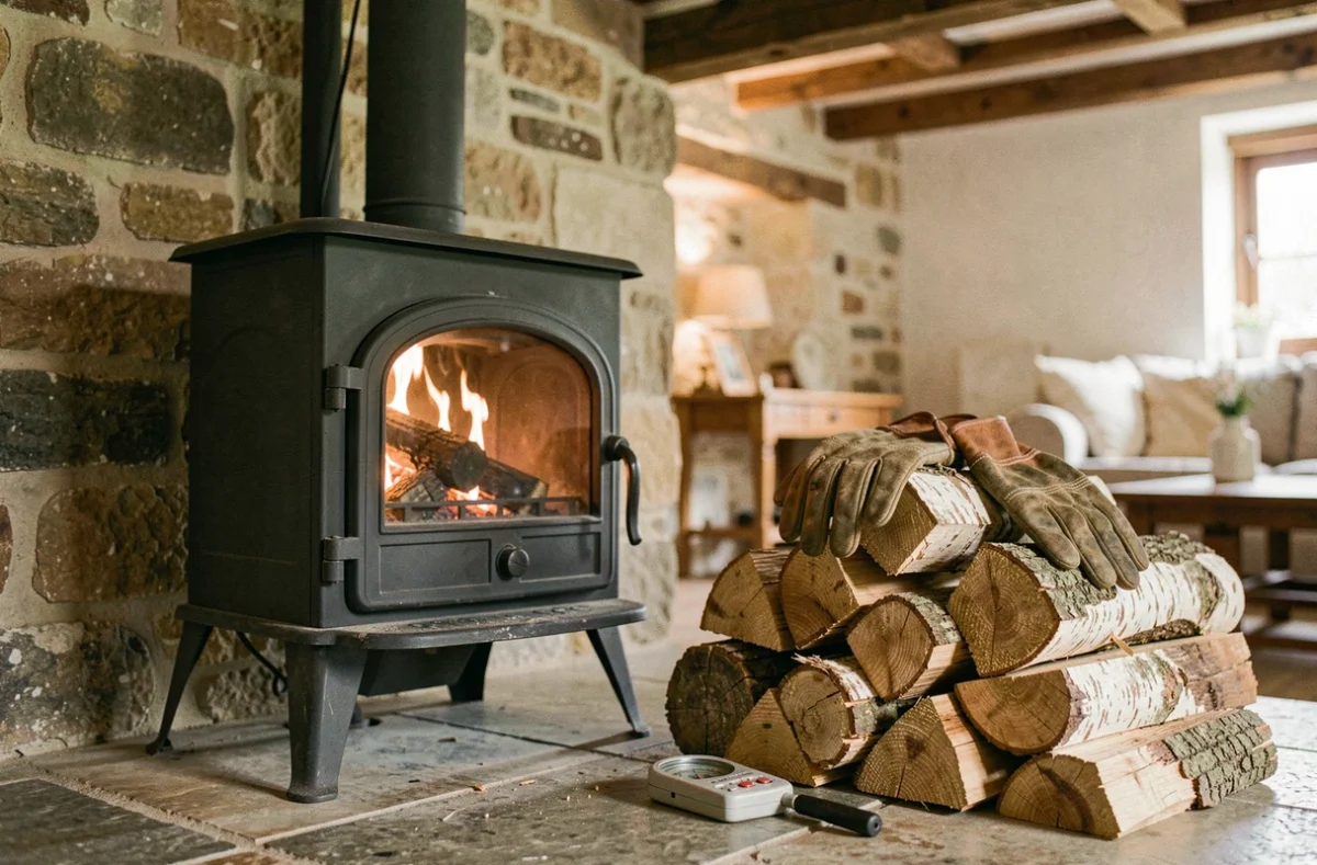 Poêle à bois en fonte avec des bûches de hêtre et de chêne dans un salon rustique en pierre