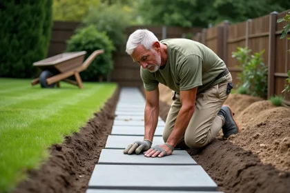 Homme posant des dalles en béton pour créer une allée de jardin sur sol sablé
