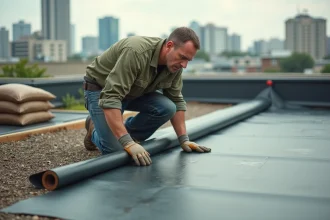 Homme posant une membrane d'étanchéité sur un toit plat pour la création d'un toit végétalisé
