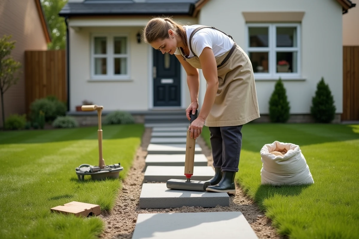 Femme posant un pas japonais avec un maillet en caoutchouc lors de la réalisation d'un chemin de pierre devant une maison