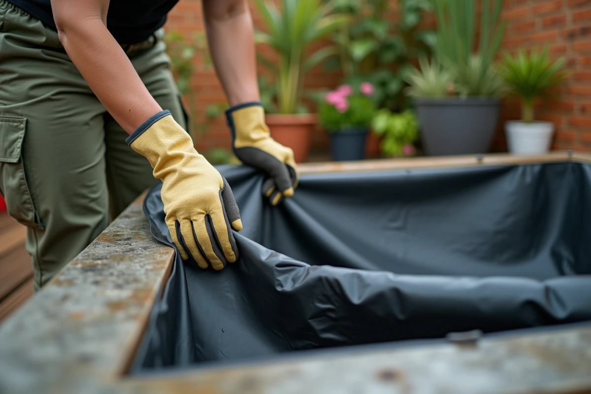 Femme étirant une bâche EPDM sur le rebord d'un bassin de jardin surélevé