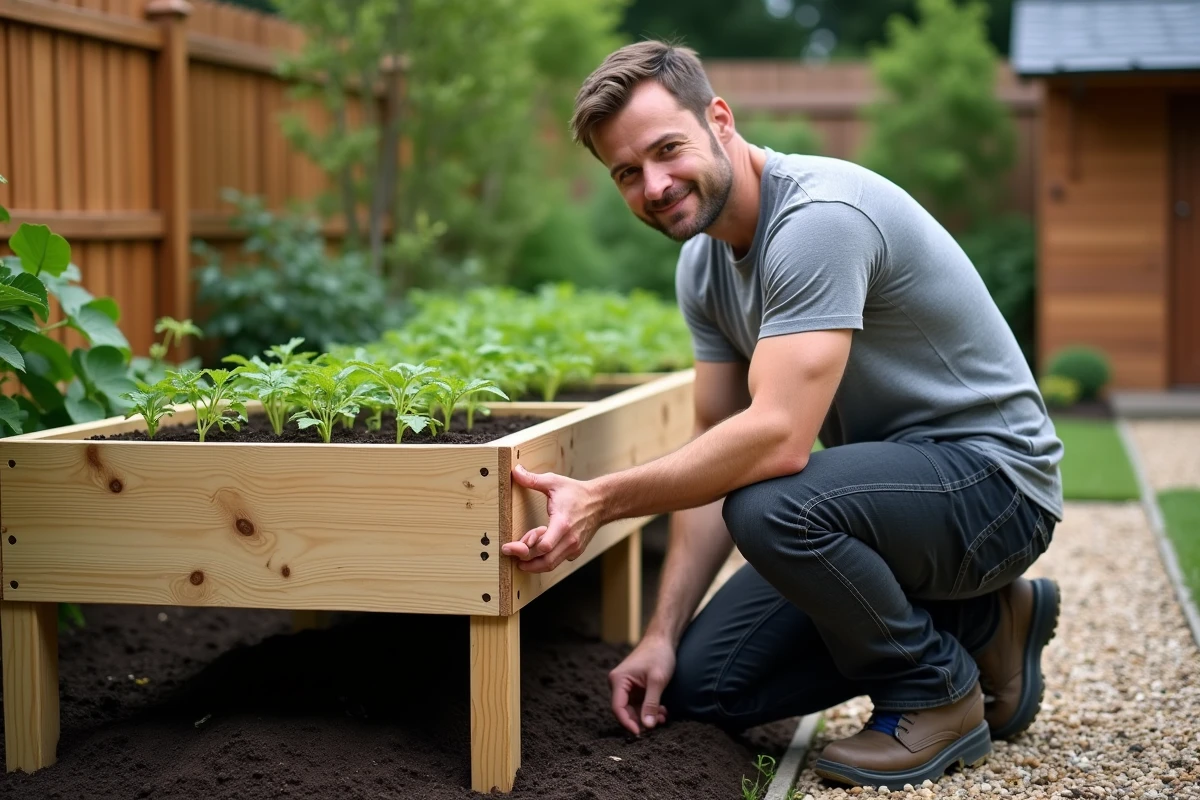 Homme plantant des légumes dans un potager surélevé en bois pour gagner de l'espace et faciliter la culture dans un jardin de banlieue