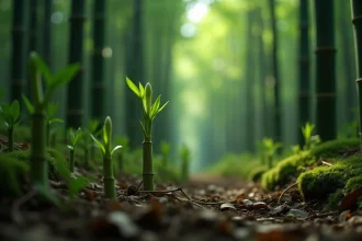 Jeunes pousses de bambou émergeant du sol forestier humide, plante à croissance la plus rapide du monde
