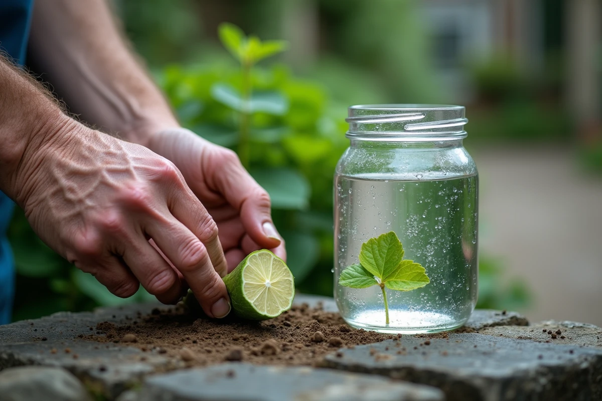 Mains de jardinier tenant une bouture d'hortensia préparée avec une coupe nette au-dessus d'un bocal en verre sur un muret en pierre