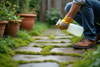 Homme appliquant du vinaigre blanc sur de la mousse verte recouvrant une allée en pierre dans un jardin