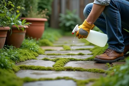 Homme appliquant du vinaigre blanc sur de la mousse verte recouvrant une allée en pierre dans un jardin