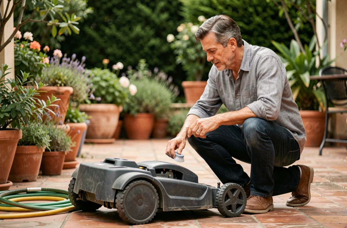 Propriétaire inspectant et nettoyant son robot tondeuse Kress sur une terrasse en carrelage, vue en trois quarts
