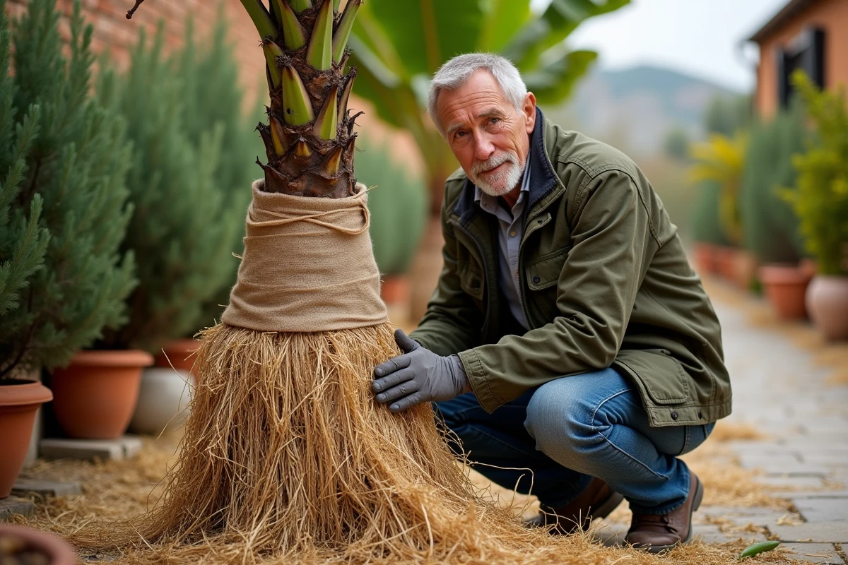 Homme protégeant le tronc d'un bananier avec de la paille et de la toile de jute pour l'hiver dans un jardin méditerranéen