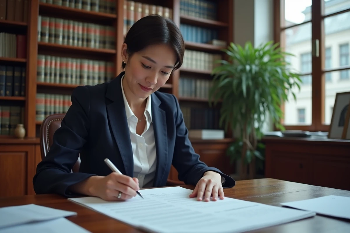 Avocate spécialisée en droit immobilier consultant un document de propriété foncière dans son bureau