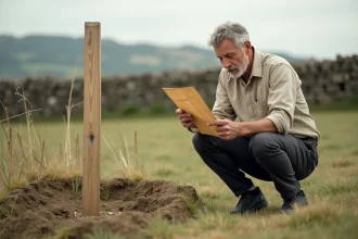 Propriétaire examinant un document cadastral près d'un piquet de bornage sur une parcelle rurale