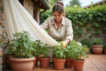 Femme protégeant ses plants de tomates de la canicule avec un voile d'ombrage sur une terrasse en été