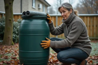 Femme enveloppant un récupérateur d'eau avec une isolation thermique pour éviter le gel en automne