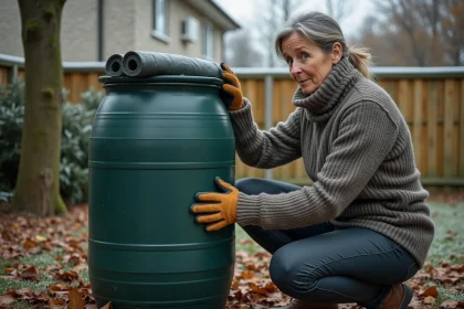 Femme enveloppant un récupérateur d'eau avec une isolation thermique pour éviter le gel en automne
