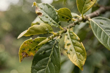 Gros plan sur des pucerons verts infestant les tiges et feuilles d'un laurier rose, avec feuilles enroulées et déformées