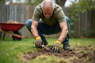 Homme scarifiant une pelouse en mauvais état au printemps avec un râteau scarificateur manuel dans un jardin suburban