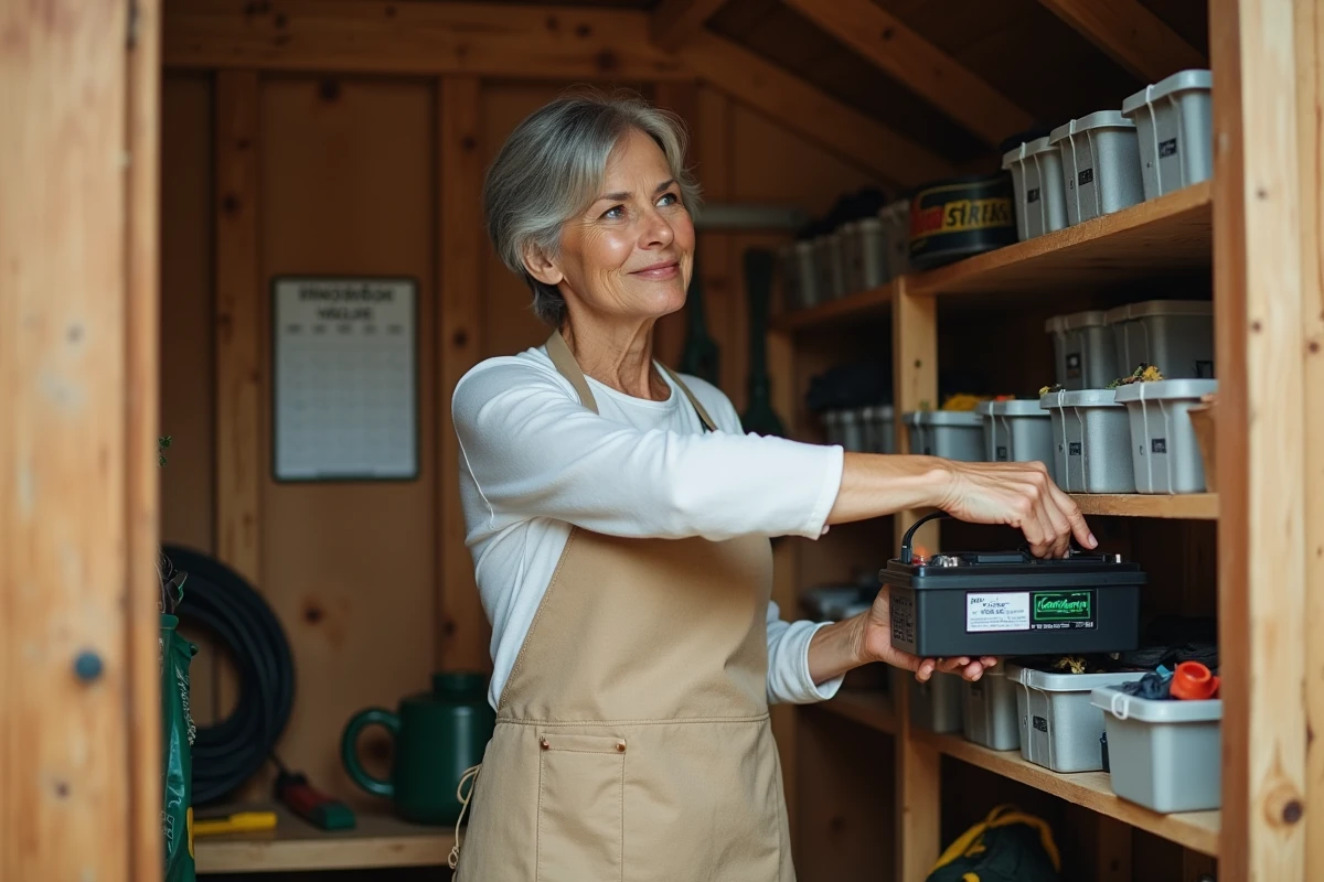 Femme rangeant la batterie de sa tondeuse dans un abri de jardin organisé