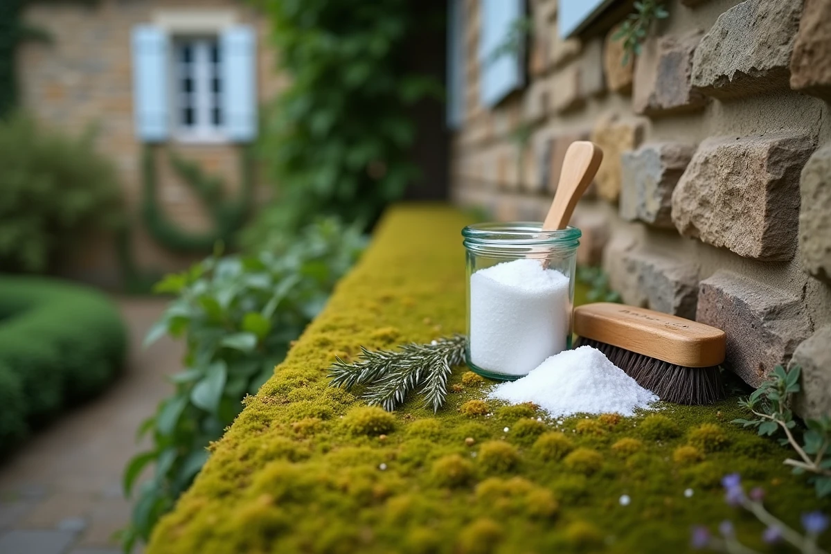 Remèdes naturels contre la mousse posés sur un mur en pierre envahi par la mousse dans un jardin de campagne