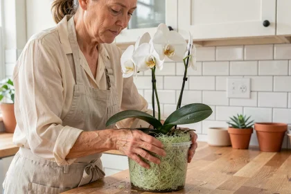 Femme rempotant une orchidée Phalaenopsis dans de la sphaigne verte humide sur un plan de travail en bois